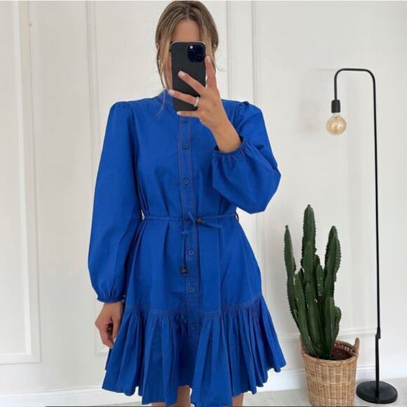 Zara Cobalt Blue Mini Dress Sz S Balloon Sleeves Tiered Ruffle - Picture 15 of 15